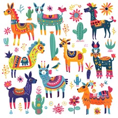 Colorful boho pattern with various cartoon llamas, cacti and flowers seamless, bright colors, clip art stickers, isolated, vector illustration