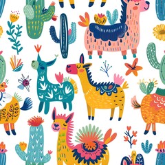 Colorful boho pattern with various cartoon llamas, cacti and flowers seamless, bright colors, clip art stickers, isolated, vector illustration