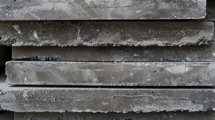 Texture of aged concrete slabs stacked closely, side view.