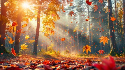 Naklejka premium Enchanting Autumn Forest Scene with Falling Leaves and Sun Rays