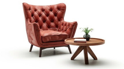 Red Leather Armchair with a Wooden Coffee Table