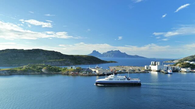Bodo, Norway, landscape with sea and ferry. Scenery of Bodo city in Norland, Norway
