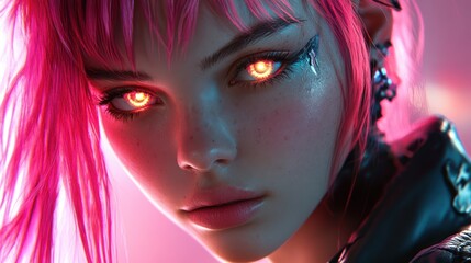 Cyberpunk Female Portrait with Glowing Red Eyes