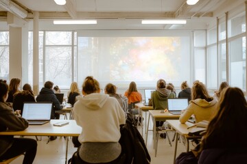 Diverse students engaged in learning with interactive whiteboard in modern classroom setting