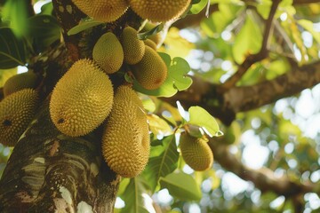 Lush Jackfruit Tree in Full Bloom. Tropical Fruit Harvest