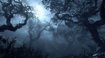Eerie Moonlit Forest with Twisted Bare Trees at Night