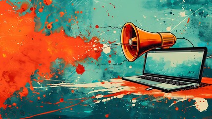 cartoon illustration of laptop and megaphone for advertising ecomerce theme
