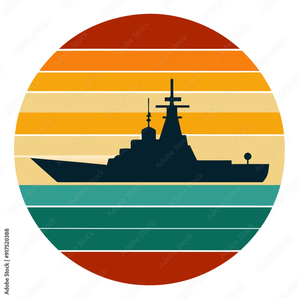 Wall mural Retro Warship Silhouette: Vintage Circle Striped T-Shirt Design