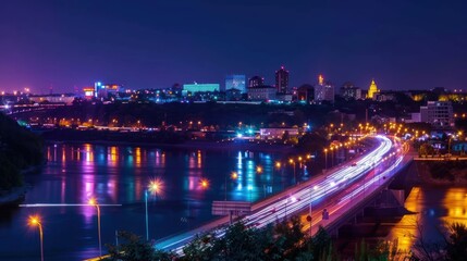 Obraz premium Night Cityscape with Bridge and River Reflections