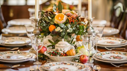 Elegant Dining Table Setup with Floral Centerpiece and Candles