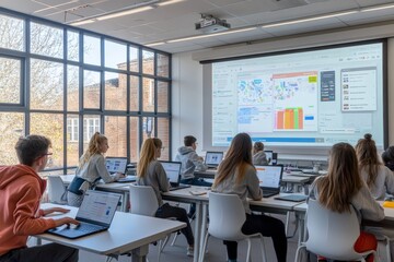 Modern classroom with interactive whiteboard  diverse students engaged in learning