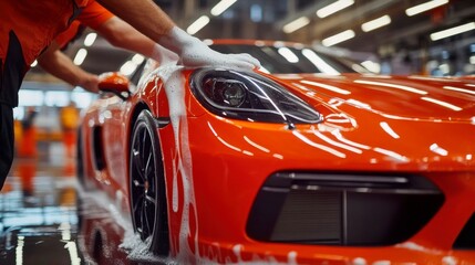 The gleaming sports car is washed by hand in a clean garage, emphasizing precision and accuracy.