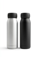 Gray and Black Thermos Bottles. Aluminium Thermos Bottle on White Background. 3d rendering mockup for your design logo stock photo