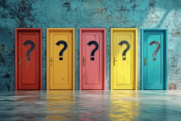 Career choice  colorful doors with question marks, finding the right path among mystery options