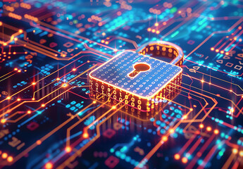 Photo of a Digital Lock on a Circuit Board Representing Cybersecurity