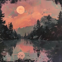 A serene landscape with a full moon reflected in a still lake