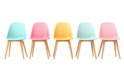 Pastel chairs in a row with wooden legs isolated on a white transparent background PNG