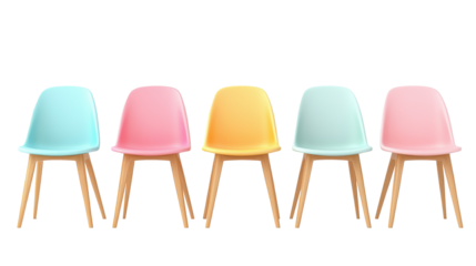 Pastel chairs in a row with wooden legs isolated on a white transparent background PNG