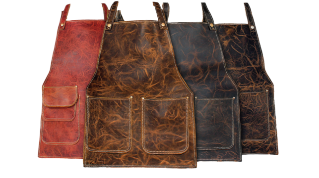 Man wearing an apron in a workshop setting