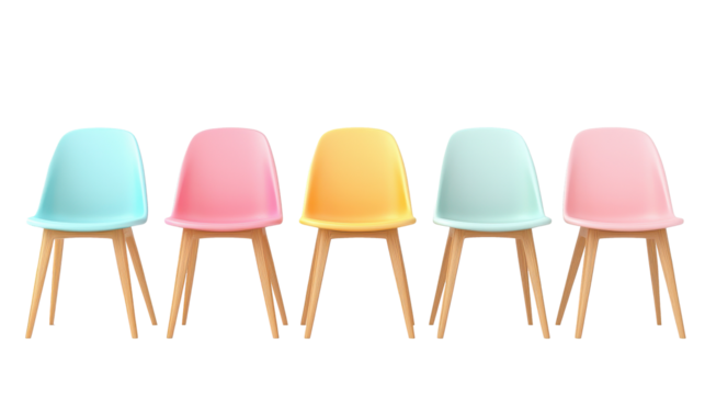 Pastel chairs in a row with wooden legs isolated on a white transparent background PNG