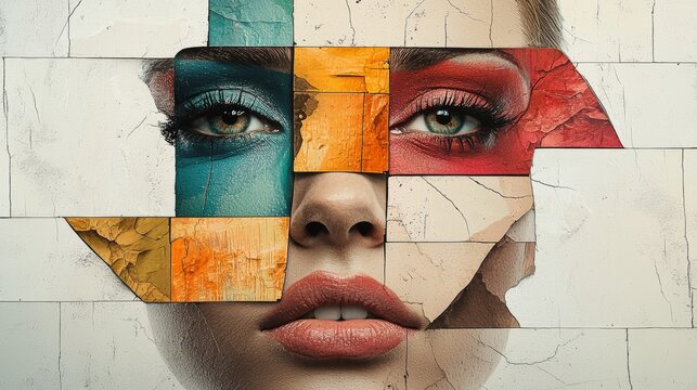 A woman's face is split into colorful squares, creating a fragmented and abstract portrait. The background is a white tiled wall.