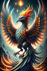 Majestic phoenix with fiery wings soaring in the night, mythical bird in vibrant flames