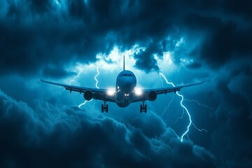 White airplane navigating stormy weather with intense lightning, high risk of accidents