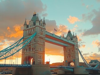 Tower bridge at sunset, iconic london landmark with drawbridge opening under beautiful english sky