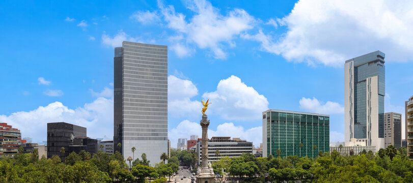 Mexico City tourist attraction Angel of Independence column near financial center and El Zocalo.