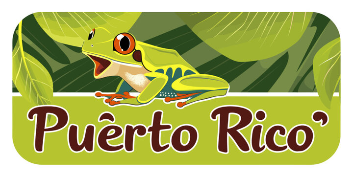 Colorful Puerto Rico frog illustration with tropical leaves, exotic wildlife, rainforest amphibian, vibrant nature art, Coqui frog, island fauna, Caribbean travel destination, eco-tourism symbol