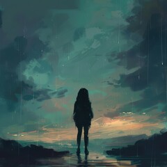 A solitary figure stands in the rain gazing at the fading light of a distant sunset