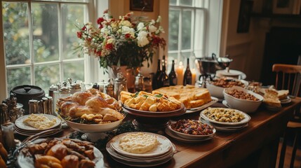 Fototapeta premium Lavish Thanksgiving Dinner Spread with Traditional Dishes