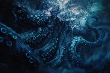 Background of a giant octopus with detailed tentacles swirling in deep blue waters. Fantasy and mysterious art of sea creature.