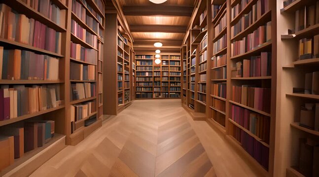 The library room is neat and clean, with tall wooden shelves filled with colorful books