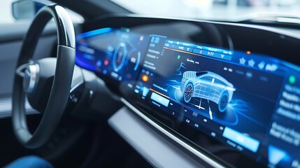 A close-up of a car dashboard with advanced digital displays on a white background, highlighting modern vehicle technology.