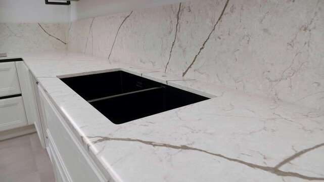 Trendy quartz stone with luxury background texture. Kitchen countertops with modern interior design and counters. Nobody
