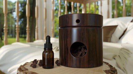 A wooden essential oil diffuser sits on a wooden stump, with a bottle of essential oil and dried herbs. The diffuser is in a bedroom setting with a white bed in the background.