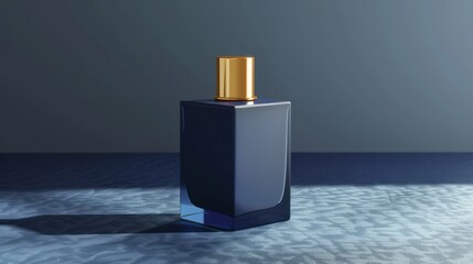 A dark blue square bottle of perfume with a gold cap on a blue surface.