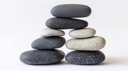 Stones black and white lined in a pyramid on a white background