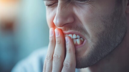 Person with a hand on their jaw in visible discomfort, pain, sharp dental ache