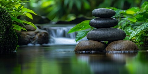 Zen Stones with Waterfall and Lush Greenery