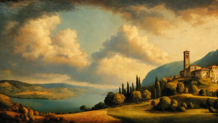 Landscape through the seasons in renaissance painting style, widescreen 16:9, 300 dpi, with space for text