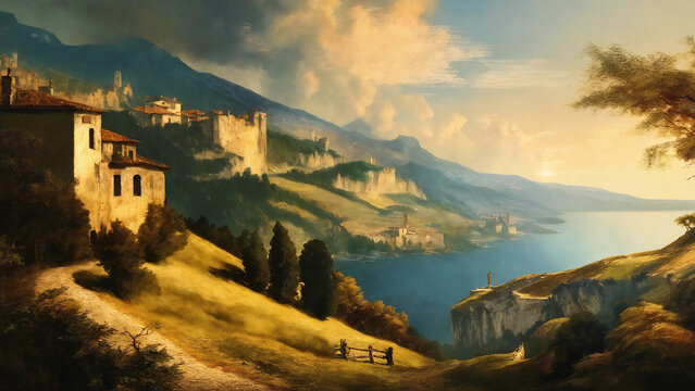 Landscape through the seasons in renaissance painting style, widescreen 16:9, 300 dpi, with space for text