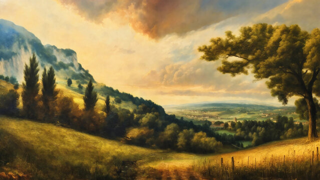 Landscape through the seasons in renaissance painting style, widescreen 16:9, 300 dpi, with space for text