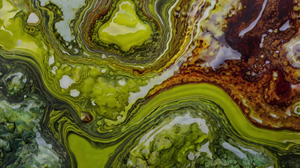 Abstract fluid ink texture with vibrant blend of green and brown texture with unique and fantasy swirlings.