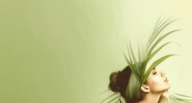 A young woman with her hair pulled back, looks up with a serene expression, with palm leaves framing her face.