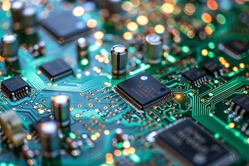 Obraz premium Close-up of electronic circuit board with microchips and electronic components