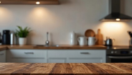 Wooden countertop in a cozy, modern kitchen with soft lighting and blurred background