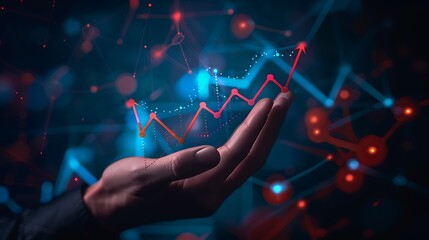 Hand Holding Growing Graph with Red and Blue Abstract Background