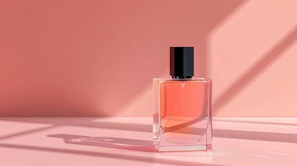 A glass perfume bottle with a black lid on a pink background.